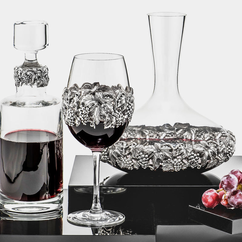 Crystal Wine Set - Decanter Carafe & Two Glasses, Wine & Grapes, Silver-Plated-ANTORINI®
