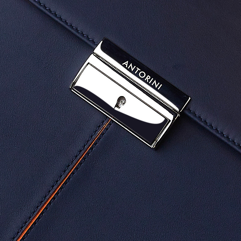 Leather Briefcase in Navy&Orange-ANTORINI®