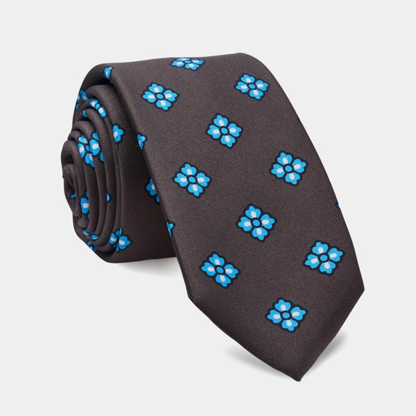 Italian Vintage Silk Tie in Brown with Blue Flowers-ANTORINI®