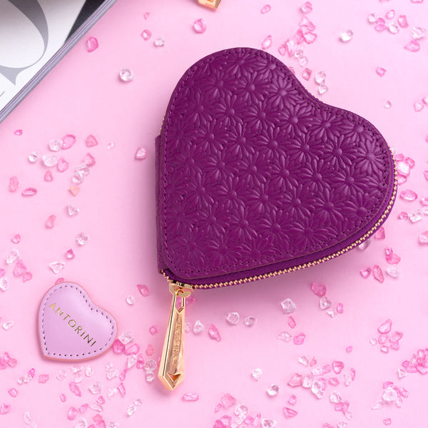 ANTORINI Heart Coin Purse, Purple with Flowers