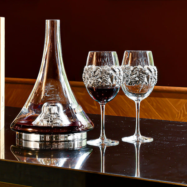 Crystal Wine Set - Decanter Carafe & Two Glasses, Wine & Grapes, Silver-Plated-ANTORINI®