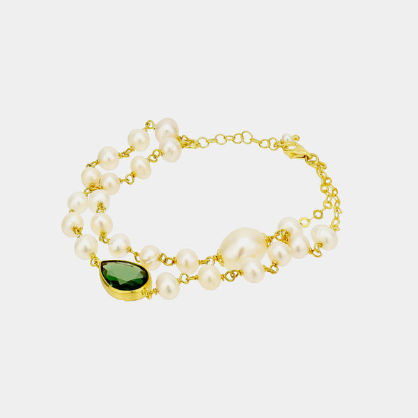 Silver Bracelet Elisabeth with Pearls & Green Stone, Silver 925/1000, 3,5 g, gold-plated