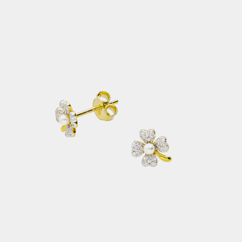 Silver Clover Earrings with Zirconia & Pearl, Silver 925/1000, 1,3 g, gold-plated