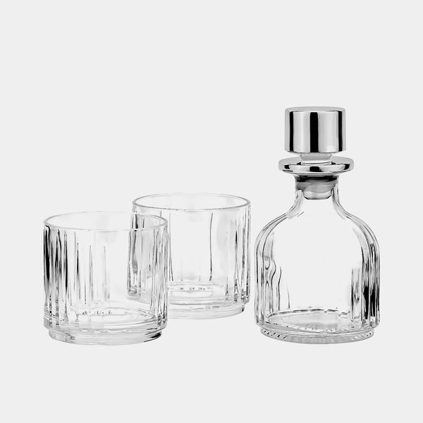 Crystal Bar Set of Carafe and Teo Glasses, Silver-Plated Decoration