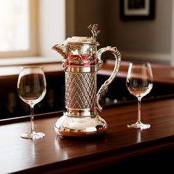 Glass Pitcher Lion with floral motif, Silver-Plated Decorations