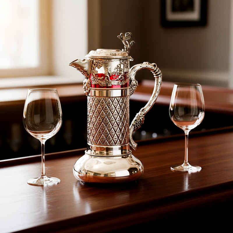 Glass Pitcher Lion with floral motif, Silver-Plated Decorations