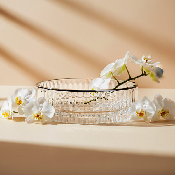 Decorative Striped Bowl With Silver Edge, Glass, Silver-plated, 30 cm