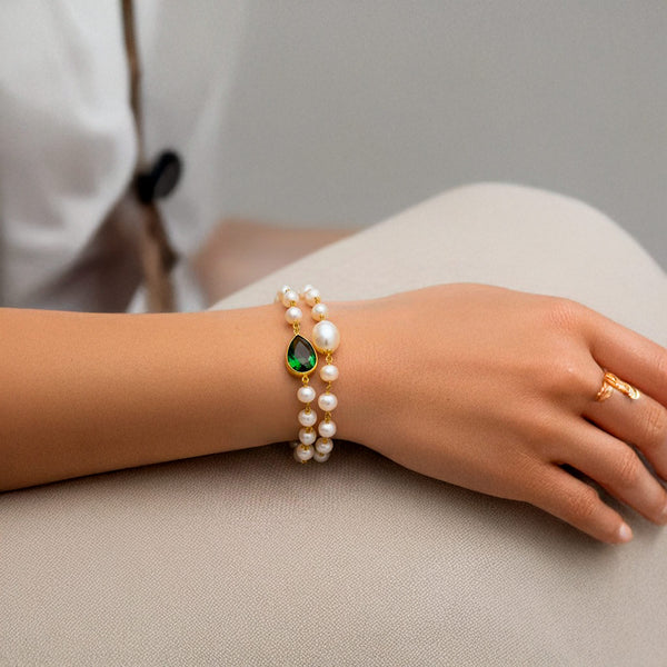 Silver Bracelet Elisabeth with Pearls & Green Stone, Silver 925/1000, 3,5 g, gold-plated