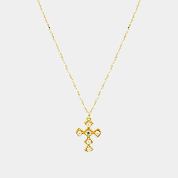 Silver Necklace with Cross & Pearls, Silver 925/1000, 2,4 g, gold plated