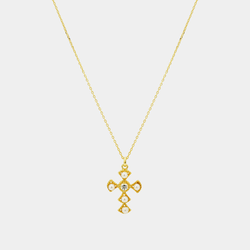 Silver Necklace with Cross & Pearls, Silver 925/1000, 2,4 g, gold plated