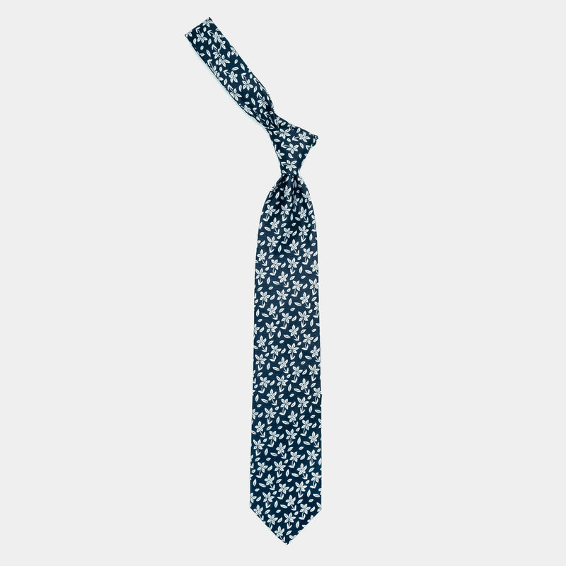 Seven Fold Silk Tie in Navy with Blossoms-ANTORINI®