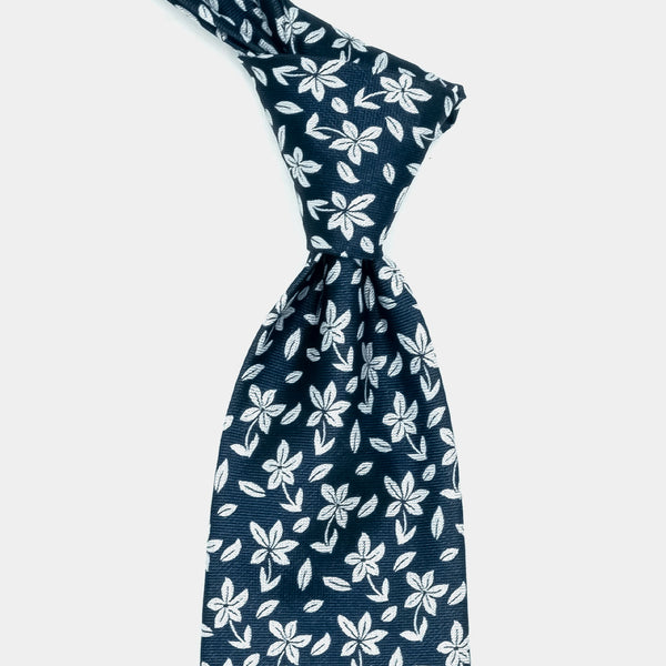 Seven Fold Silk Tie in Navy with Blossoms-ANTORINI®