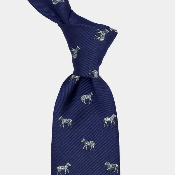 Seven Fold Silk Tie in Navy with Zebra-ANTORINI®