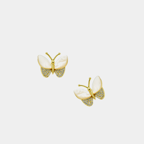 Silver Earrings Butterfly with Zirconia & Mother of Pearl, Silver 925/1000, 2,6 g, gold-plated
