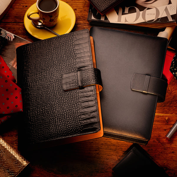 Leather Manager A5 Agenda in Black Croc and Cognac, 2023-ANTORINI®