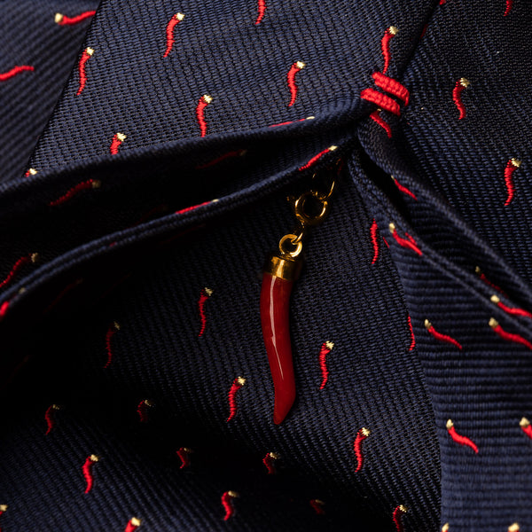 Silk Lucky Tie in Navy Corno-Pepperoncino with Coral Charm-ANTORINI®