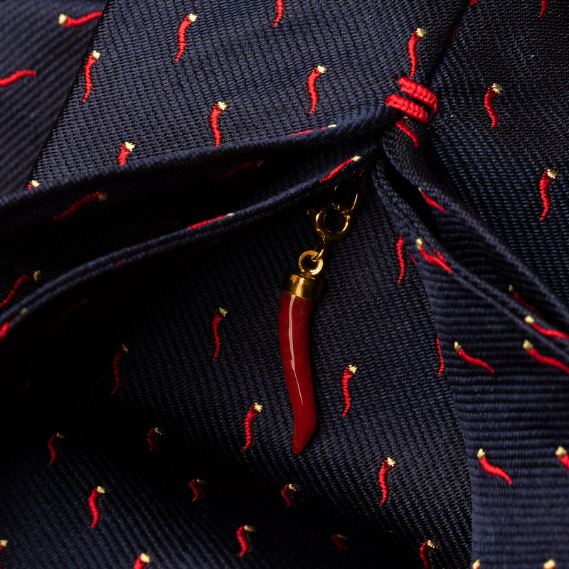 Silk Lucky Tie in Navy Corno-Pepperoncino with Coral Charm-ANTORINI®