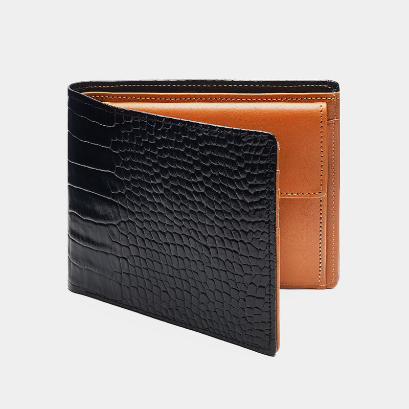 Men's Crocodile Leather Mini Wallet in Black- Arcane Fox Black-#000000
