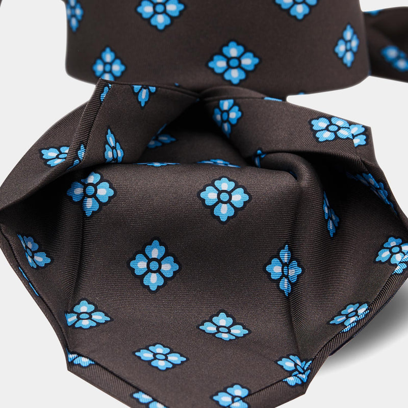 Italian Vintage Silk Tie in Brown with Blue Flowers-ANTORINI®