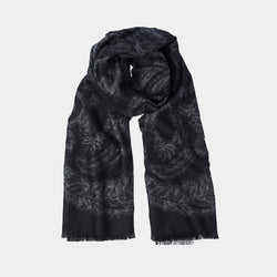 Cashmere Scarf with Floral Motif in Black and Grey-ANTORINI®