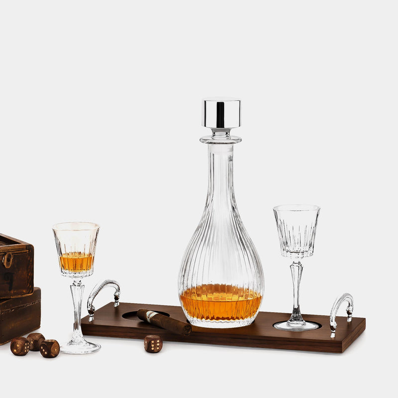 Crystal Liqueur Set With Tray in Walnut Wood, Silver-Plated Decoration