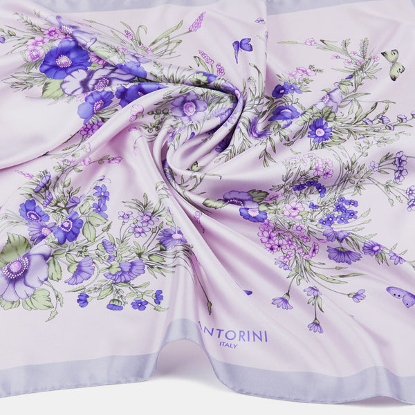 Flowers & Butterflies Silk Scarf, Silver & Violet-ANTORINI®