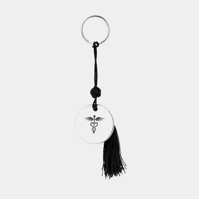 Silver Keyring with Caduceus Medical Symbol and Tassels, Silver 925/1000, 28 g-ANTORINI®