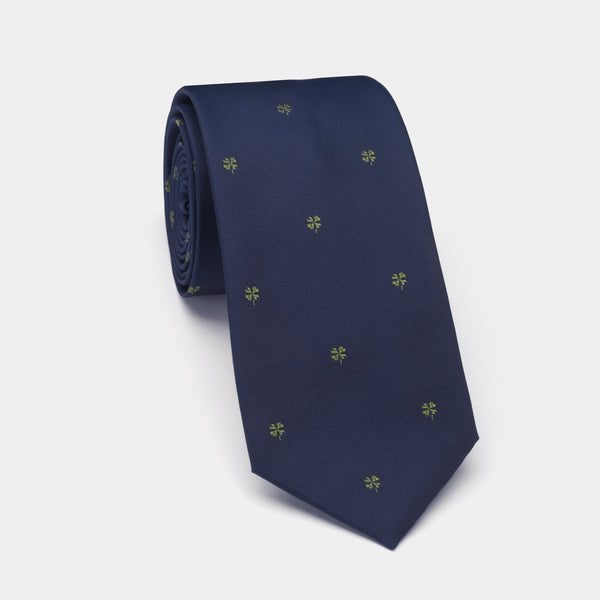 Silk Lucky Tie in Navy Blue with Four Leaf Clover and Coral Charm-ANTORINI®