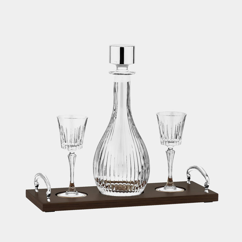 Crystal Liqueur Set With Tray in Walnut Wood, Silver-Plated Decoration-ANTORINI®