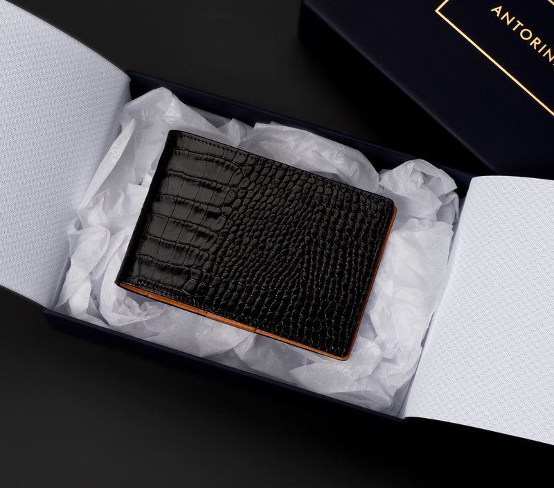 Pocket Memo Pad in Black Croc and Cognac-ANTORINI®