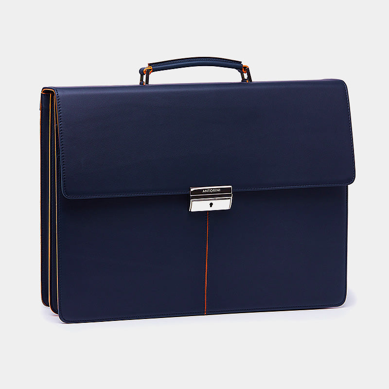 Leather Briefcase in Navy&Orange-ANTORINI®