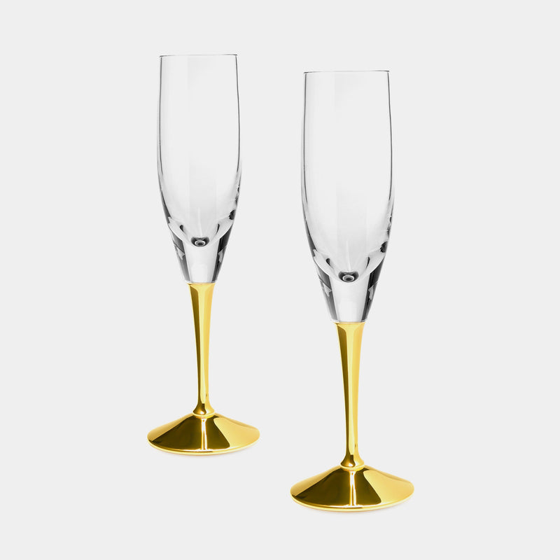 Set of Two Crystal Champagne Flutes, in Gold Plated Silver Applications, Silver 925/1000, 110 g-ANTORINI®