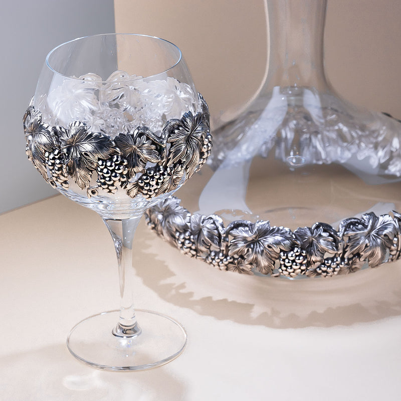 Glass Wine Decanter With Silver Plated Leaves and Grapes-ANTORINI®